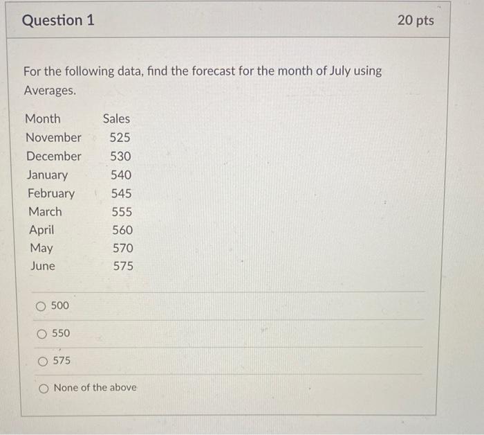 Solved Question 1 20 pts For the following data, find the | Chegg.com