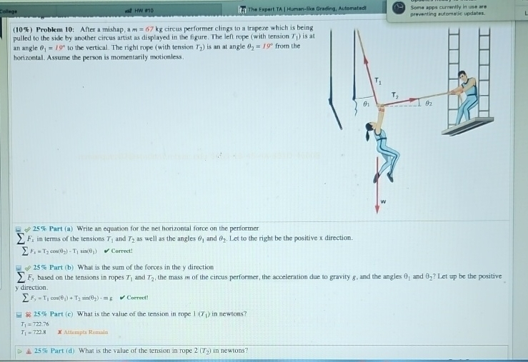 Solved (10%) ﻿Problem 10: After a mishap, a m=67kg ﻿circus | Chegg.com