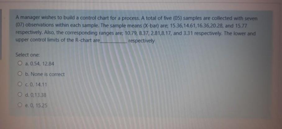 Solved A manager wishes to build a control chart for a | Chegg.com