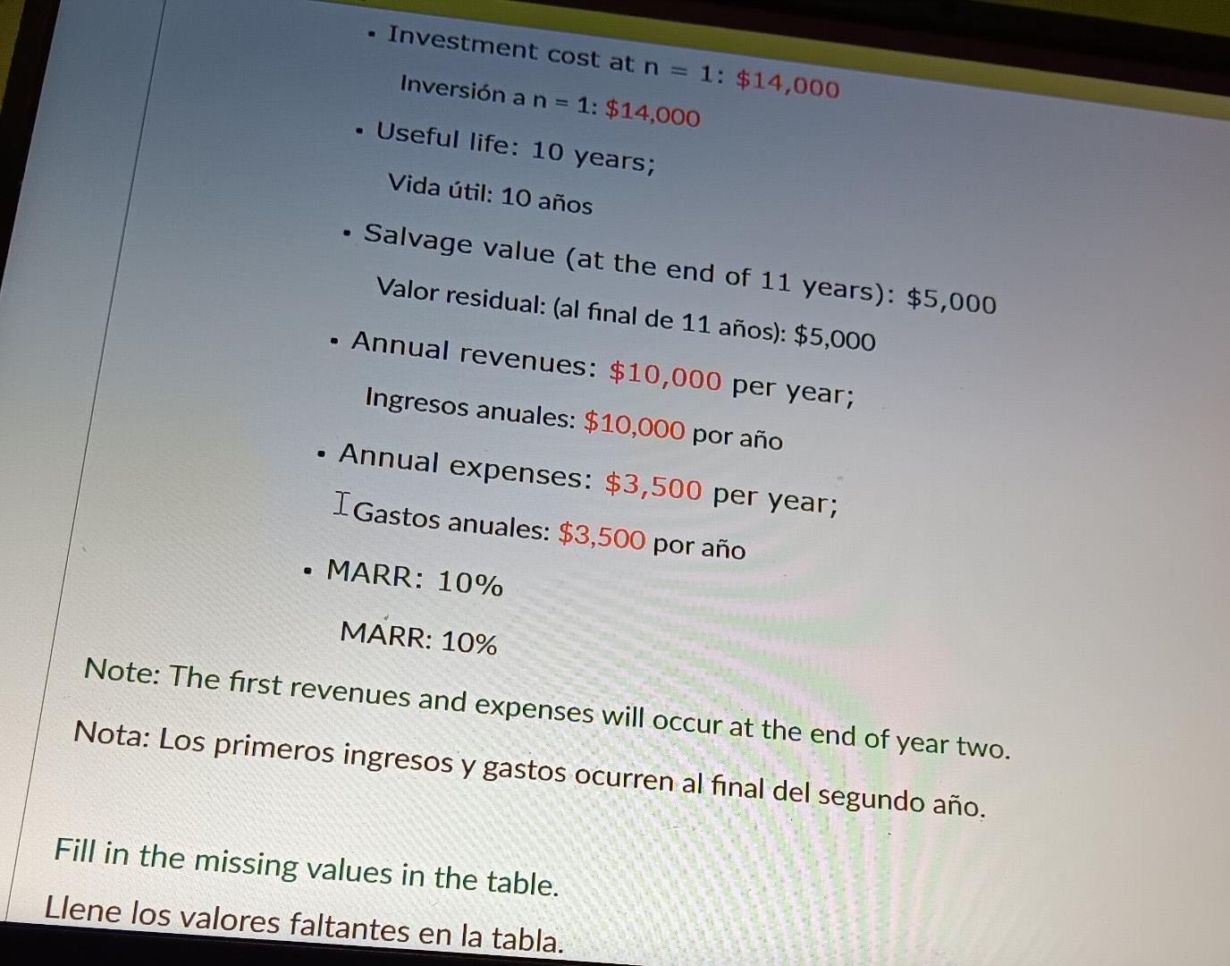 - Investment cost at \( \mathbf{n}=1: \$ 14,000 \) Inversión a \( n=1: \$ 14,000 \) - Useful life: 10 years; Vida útil: 10 añ