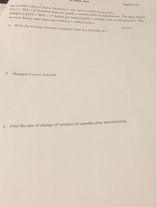 Solved Page x⋅of+1 1. The monthly sales of Sunny | Chegg.com