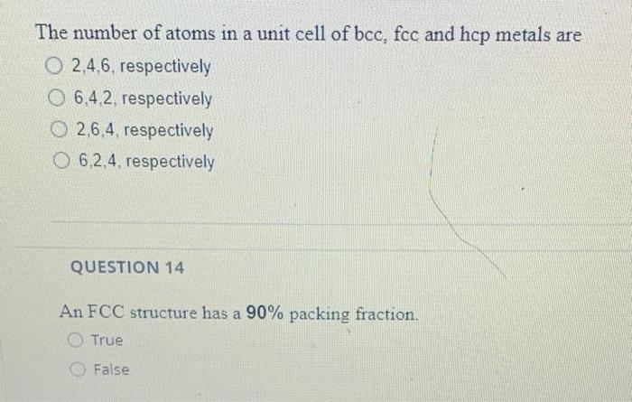 Solved The number of atoms in a unit cell of bcc, fcc and | Chegg.com