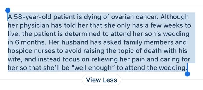 Solved A 58-year-old patient is dying of ovarian cancer. | Chegg.com