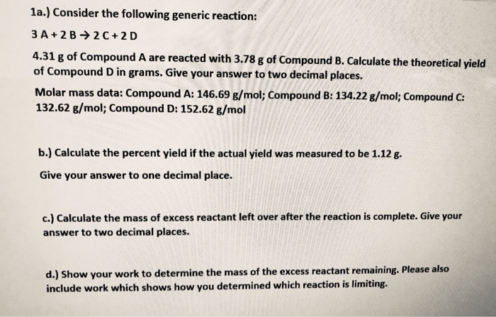 Solved 1a.) Consider the following generic reaction: 3 A + | Chegg.com
