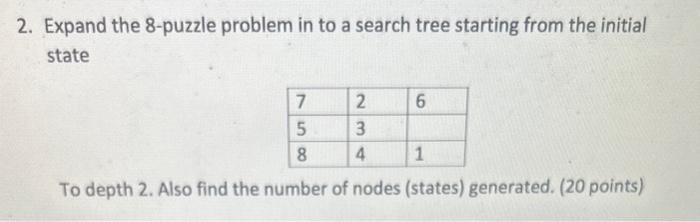 2. Expand the 8-puzzle problem in to a search tree starting from the initial state

To depth 2. Also find the number of nodes