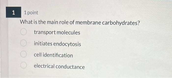1 point What is the main role of membrane carbohydrates? transport molecules initiates endocytosis cell identification electr