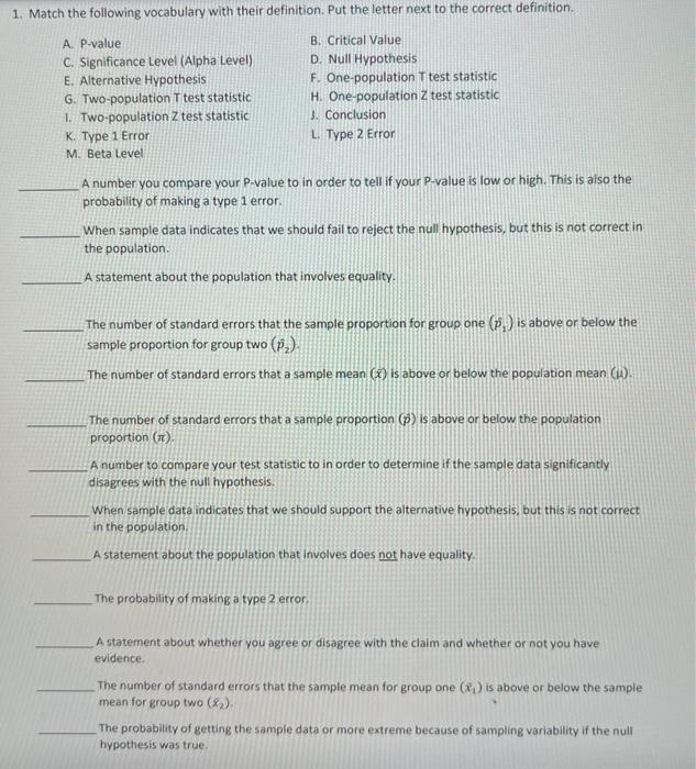 1 Match The Following Vocabulary With Their Chegg Com