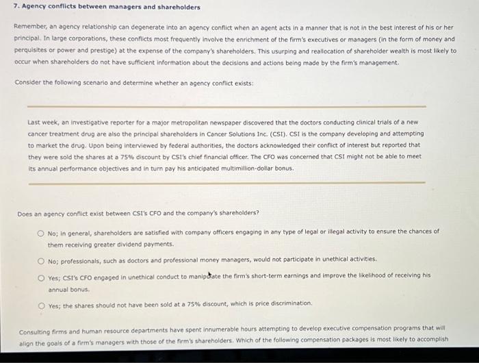 7. Agency conflicts between managers and shareholders