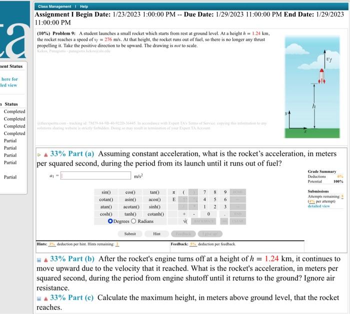 Solved (10\%) Problem 9: A Student Launches A Small Rocket | Chegg.com