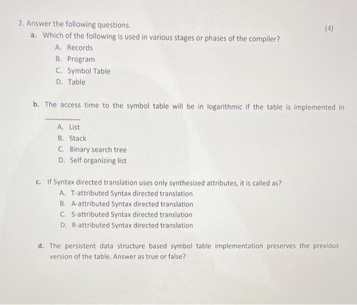 Solved (4) 2. Answer the following questions. a. Which of | Chegg.com