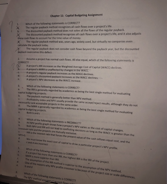 Solved Chapter 11: Capital Budgeting Assignment 1. Which of | Chegg.com