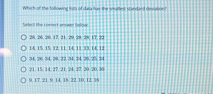 Solved Which of the following lists of data has the smallest | Chegg.com