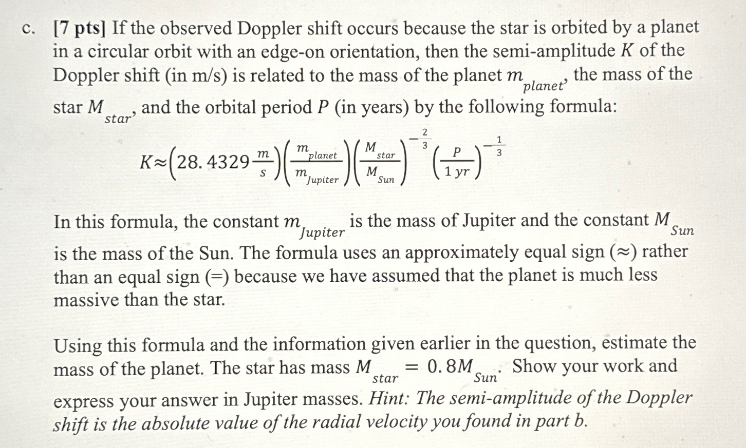 Solved c. [7 ﻿pts] ﻿If the observed Doppler shift occurs | Chegg.com