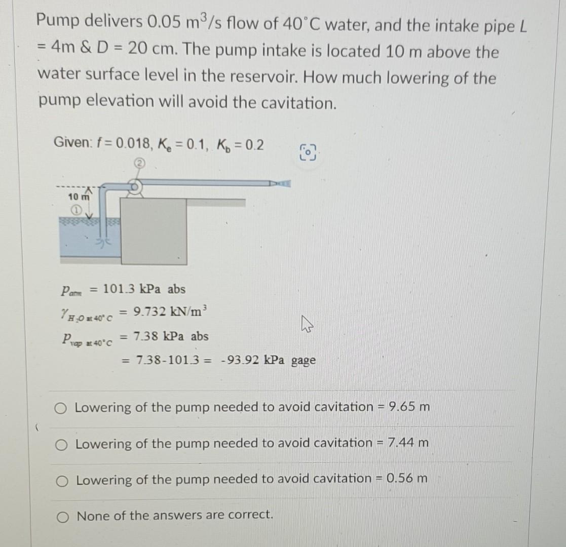 Solved Pump delivers 0.05 m3/s flow of 40∘C water, and the | Chegg.com