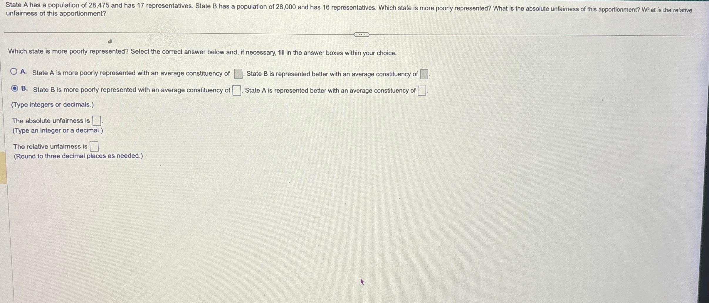 Solved Unfairness Of This Apportionment?Which State Is More | Chegg.com