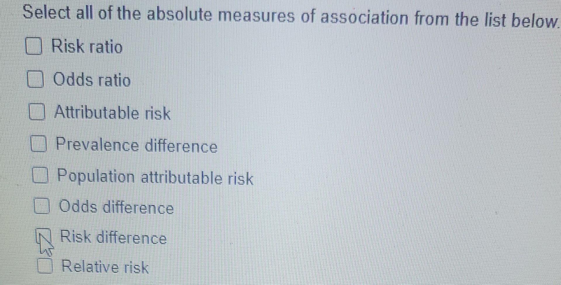 Solved Select all of the absolute measures of association | Chegg.com