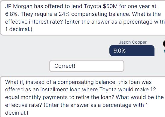 Solved JP Morgan has offered to lend Toyota $50M ???for one | Chegg.com