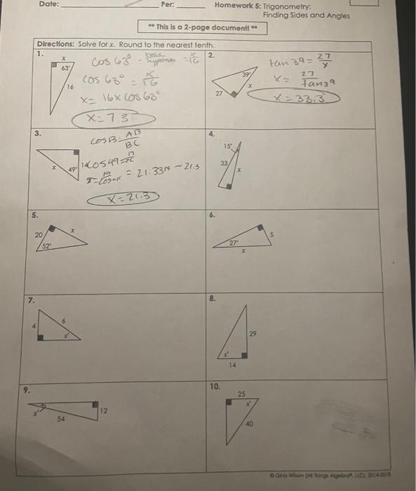 homework 5 trigonometry finding sides and angles answer key