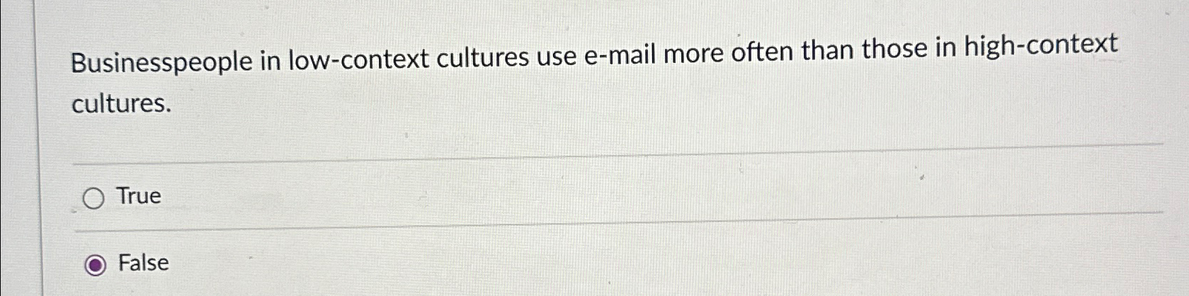 Solved Businesspeople in low-context cultures use e-mail | Chegg.com