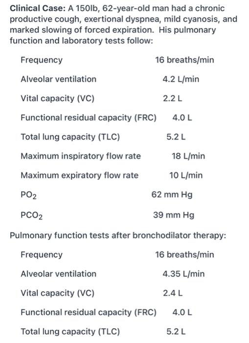 Clinical Case: A 150lb, 62-year-old man had a chronic productive cough, exertional dyspnea, mild cyanosis, and marked slowing