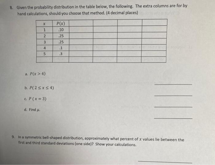 Solved 8. Given the probability distribution in the table | Chegg.com