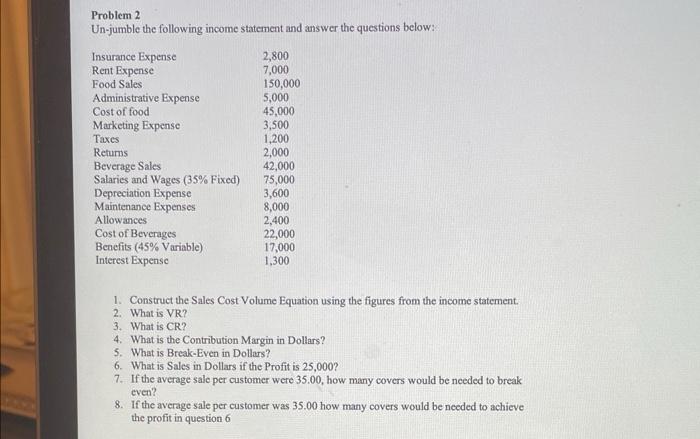 Solved Problem 2 Un-jumble the following income statement | Chegg.com