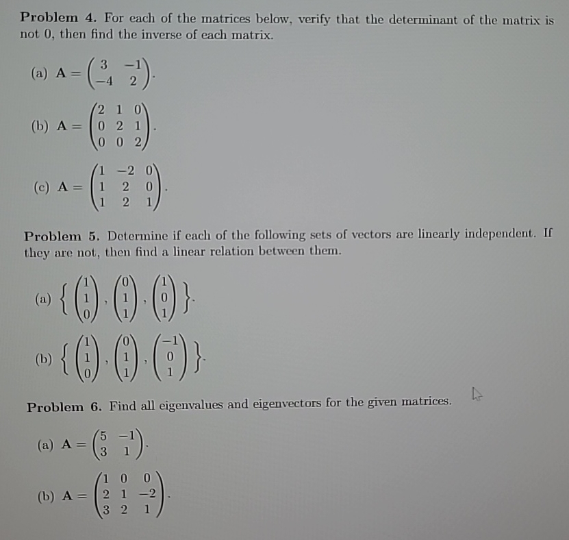 Solved Problem 4. ﻿For each of the matrices below, verify | Chegg.com