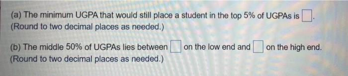 (a) The minimum UGPA that would still place a student in the top 5% of UGPAS is
(Round to two decimal places as needed.)
on t