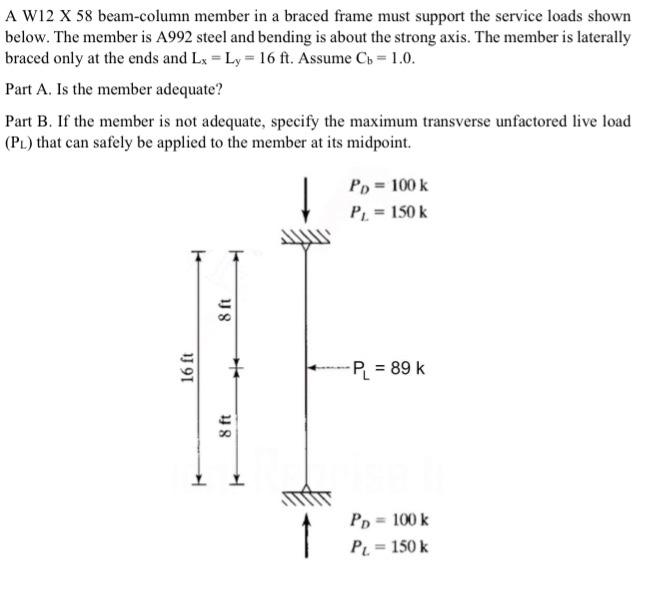 Solved A W 12 X 58 beam-column member in a braced frame must | Chegg.com