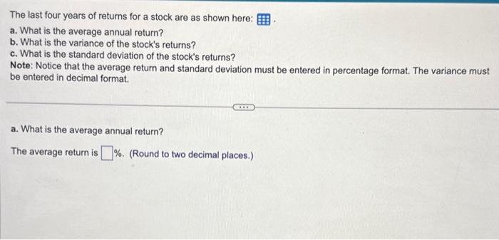 Solved The last four years of returns for a stock are as | Chegg.com