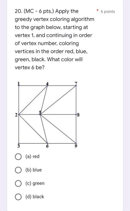 Solved 20. (MC - 6 pts.) Apply the greedy vertex coloring | Chegg.com