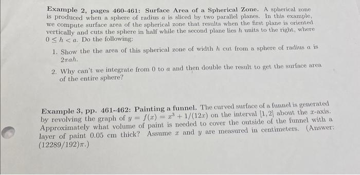 Solved Example 2, pages 460-461: Surface Area of a Spherical | Chegg.com