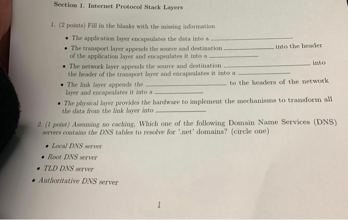 Solved Section 1. Internet Protocol Stack Layers 1. (2 | Chegg.com