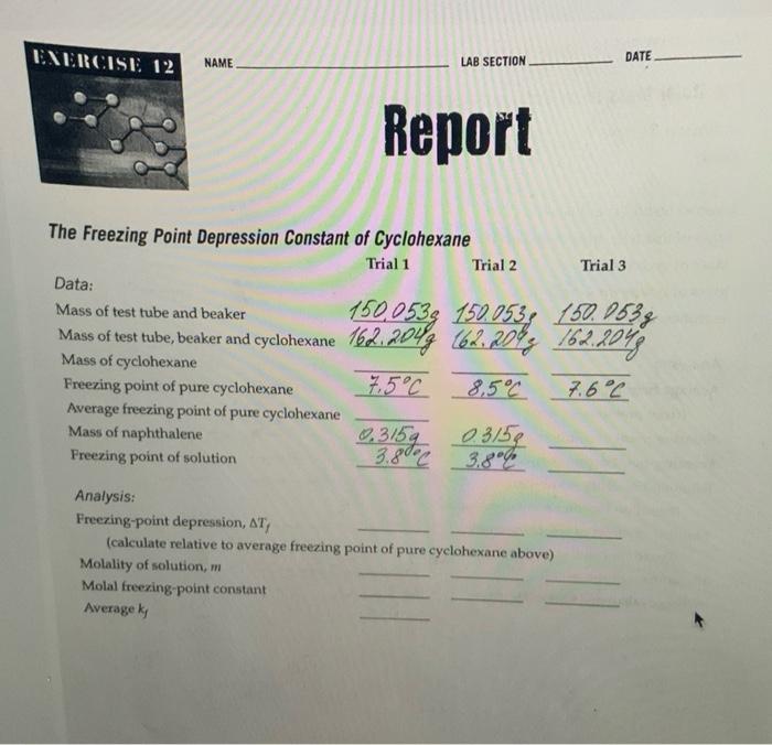 Solved EXERCISE 12 DATE NAME LAB SECTION Report The Freezing | Chegg.com