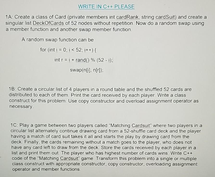 Solved WRITE IN C++ PLEASE 1A: Create a class of Card | Chegg.com