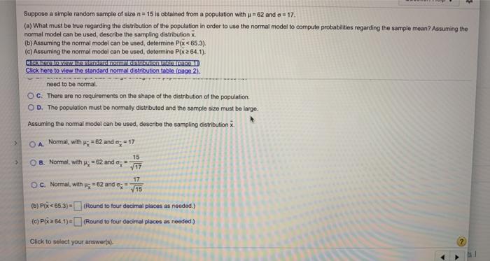 Solved Suppose a simple random sample of size n = 15 is | Chegg.com