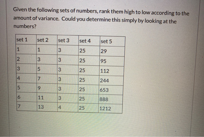 Solved Given the following sets of numbers, rank them high | Chegg.com