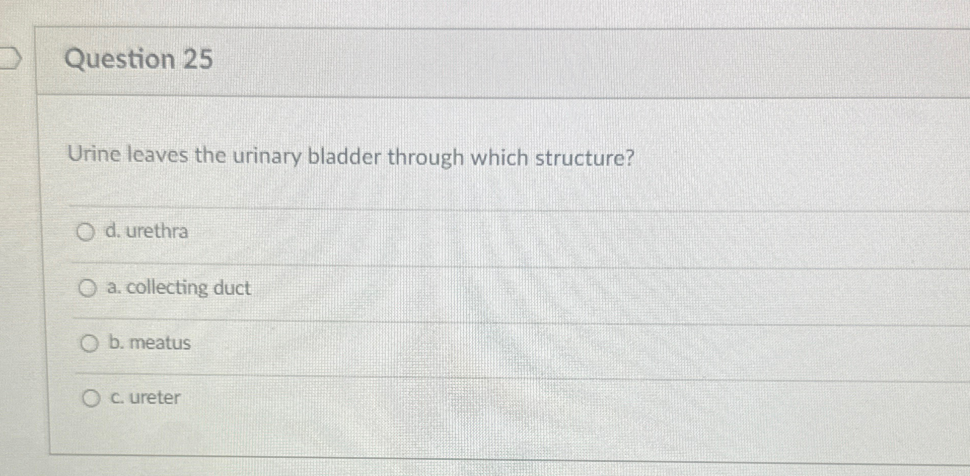 Question 25Urine leaves the urinary bladder through | Chegg.com