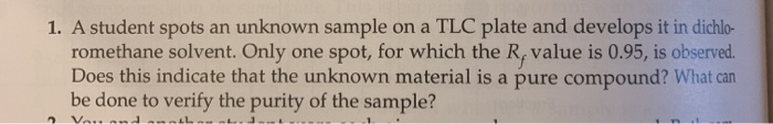 Solved 1. A student spots an unknown sample on a TLC plate | Chegg.com