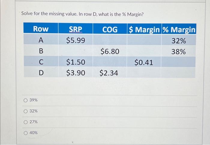 Solved Solve for the missing value. In row A, what is the | Chegg.com