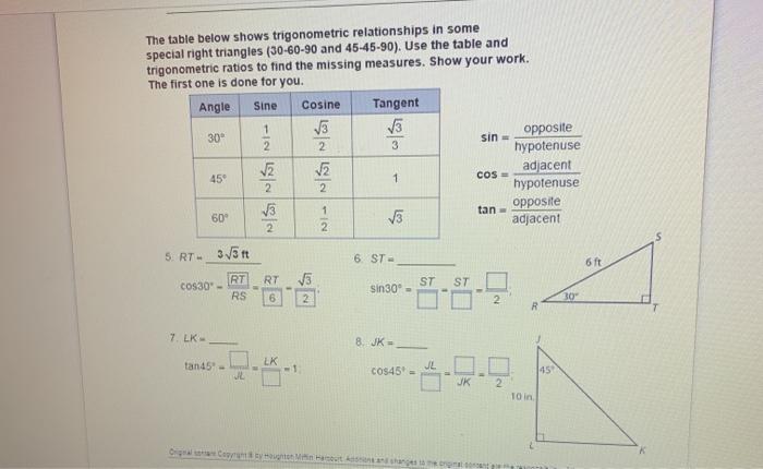 Solved The Table Below Shows Trigonometric Relationships In Chegg Com