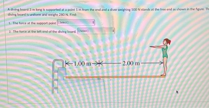 Solved A diving board 3 m long is supported at a point 1 m | Chegg.com