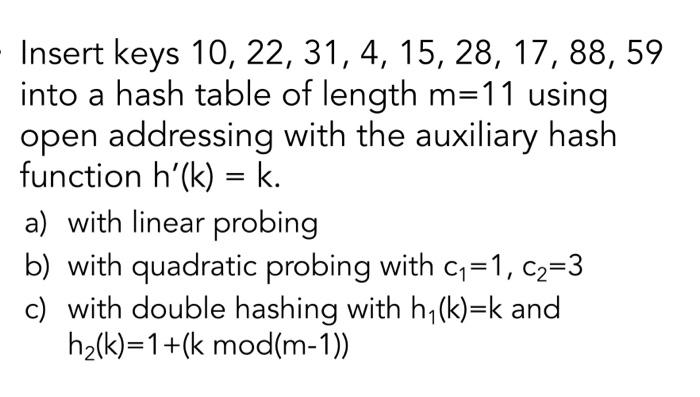 Solved Insert keys 10,22,31,4,15,28,17,88,59 into a hash | Chegg.com
