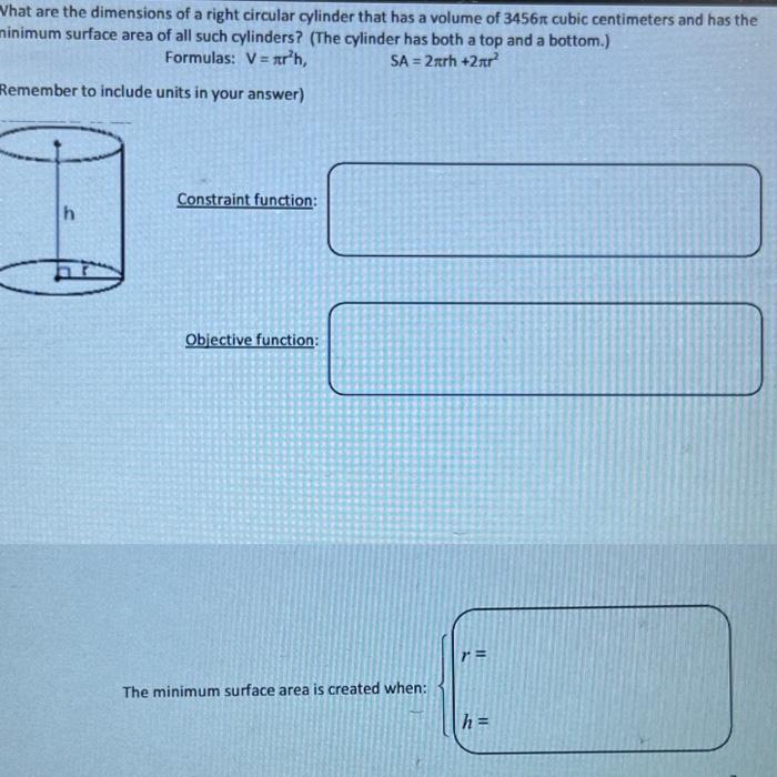 What are the dimensions of a right circular cylinder that has a volume of \( 3456 \pi \) cubic centimeters and has the ninimu