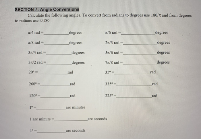 Solved Section 7: angle conversions calculate the following | Chegg.com