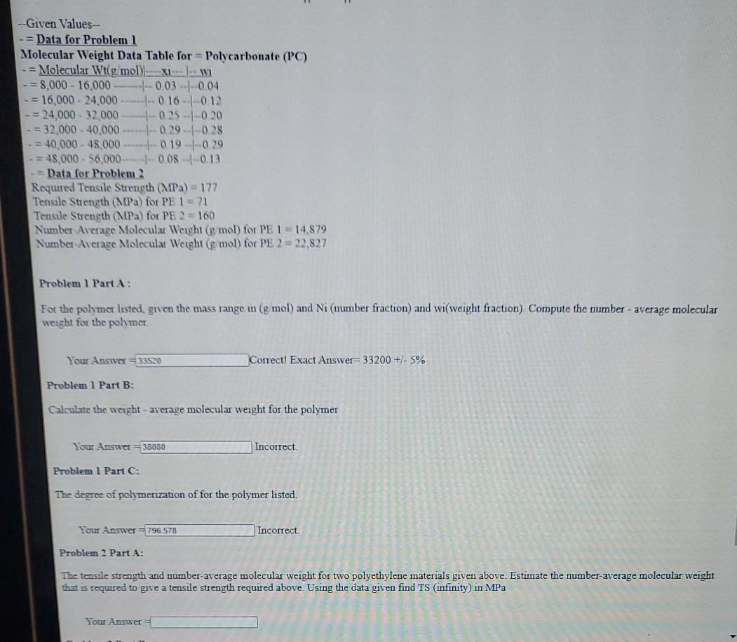 Solved Given Values Data For Problem 1 Molecular Chegg Com