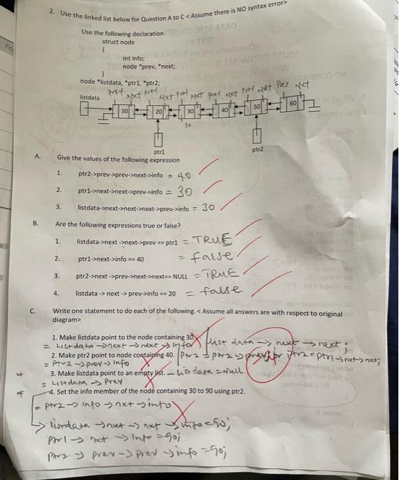 Solved 2. Use the linked list below for Question A to C