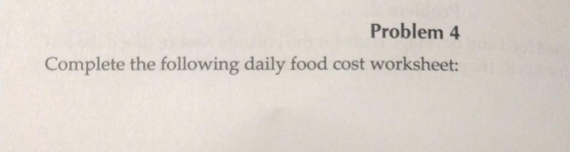 Solved Complete The Following Daily Food Cost 4485