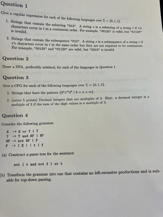 Solved Question 1 Give A Regular Expression For Each Of The | Chegg.com