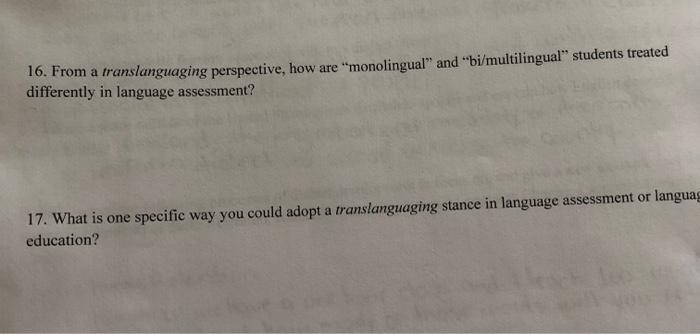 Solved 16. From a translanguaging perspective, how are | Chegg.com